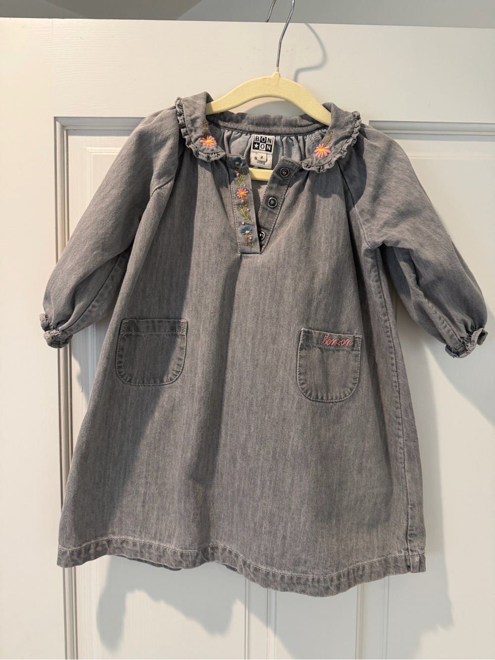 Bonton Gray Denim Dress with Floral Trim